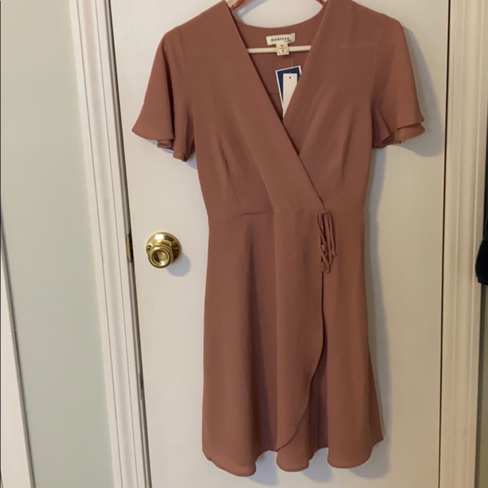 Dusty pink wrap flutter sleeve dress tie small NWT